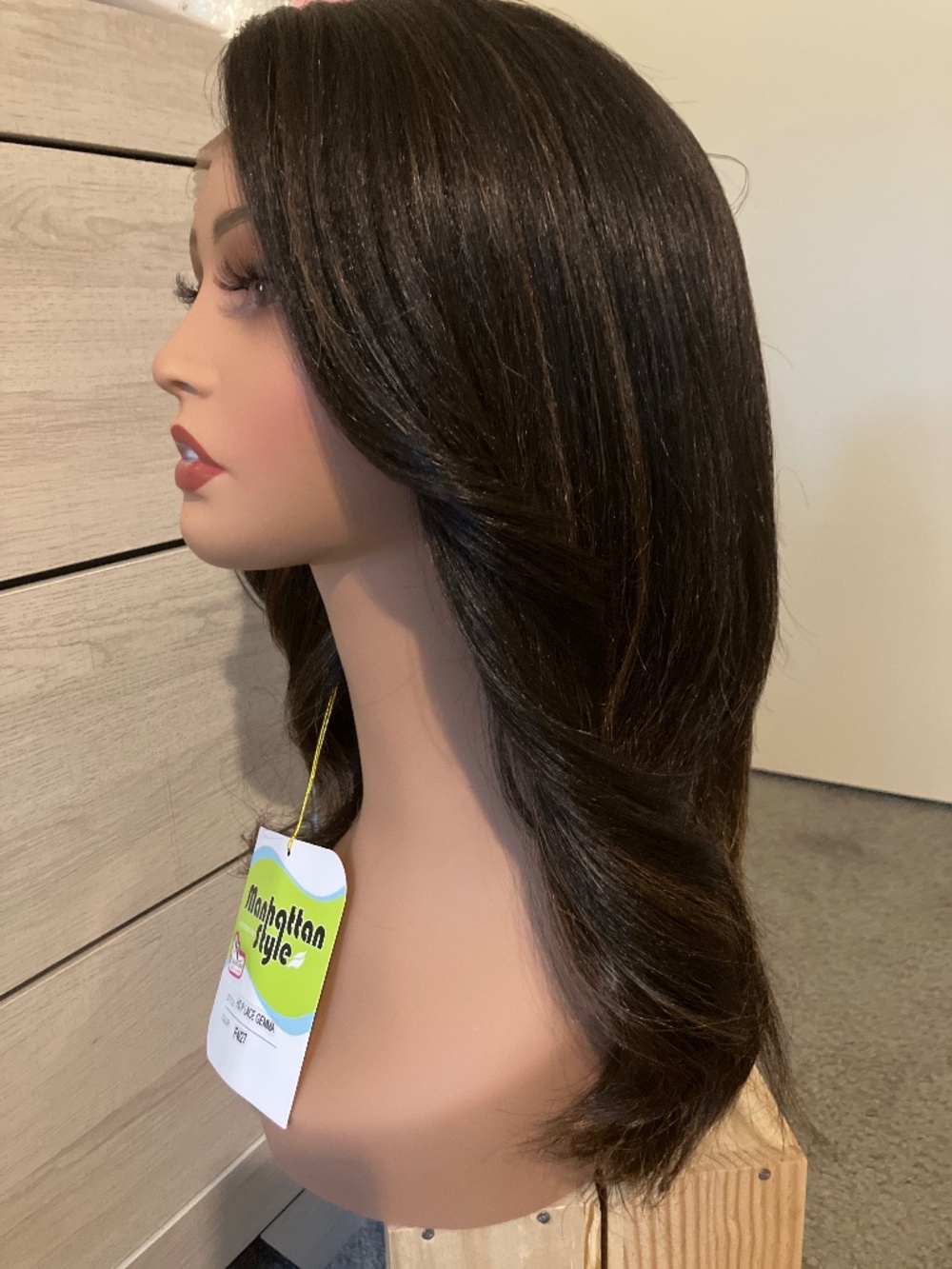 Brown with brown highlights wig, side part lace cap, lob